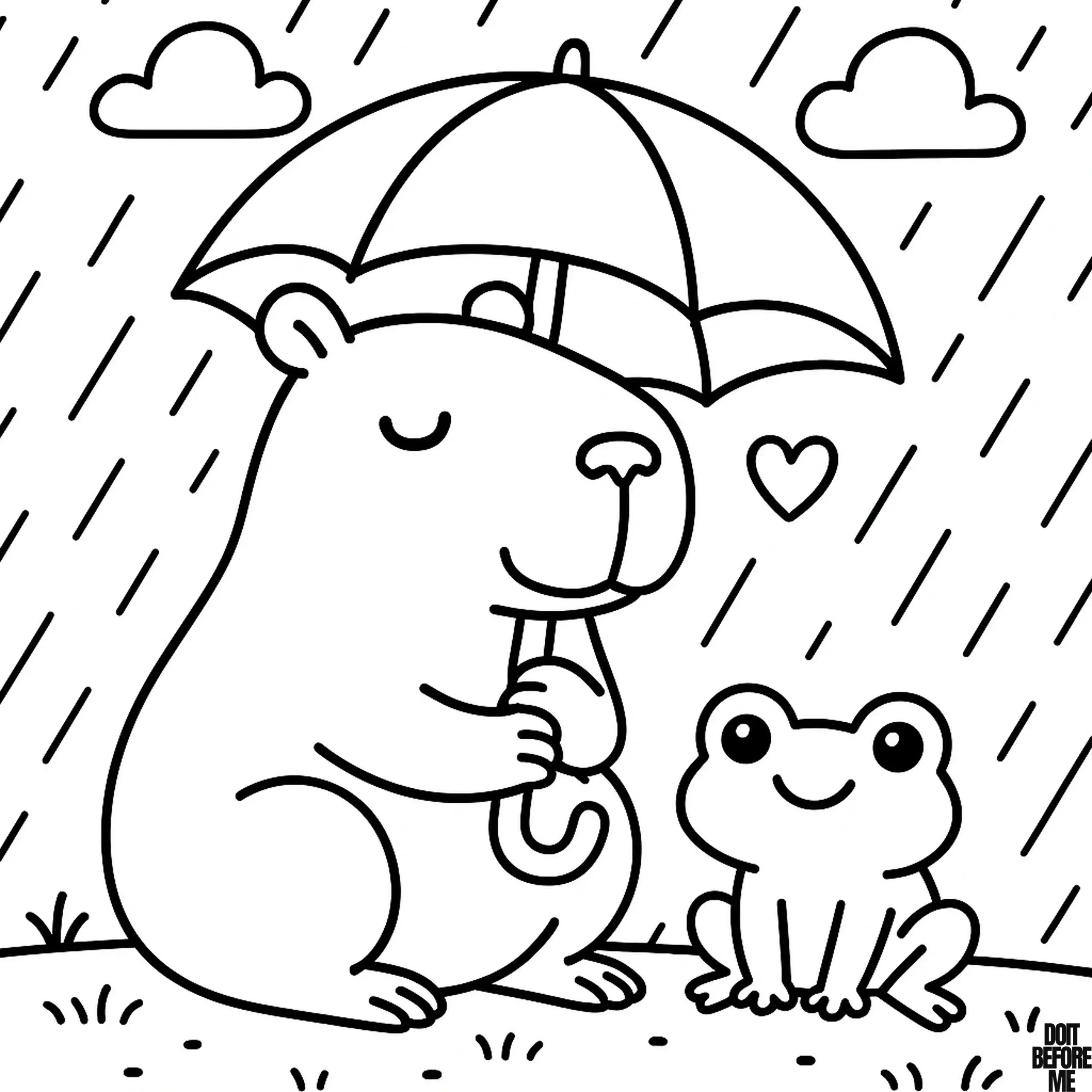 Capybara sitting peacefully in the rain holding a large umbrella, sharing the moment with a smiling frog at its side.
