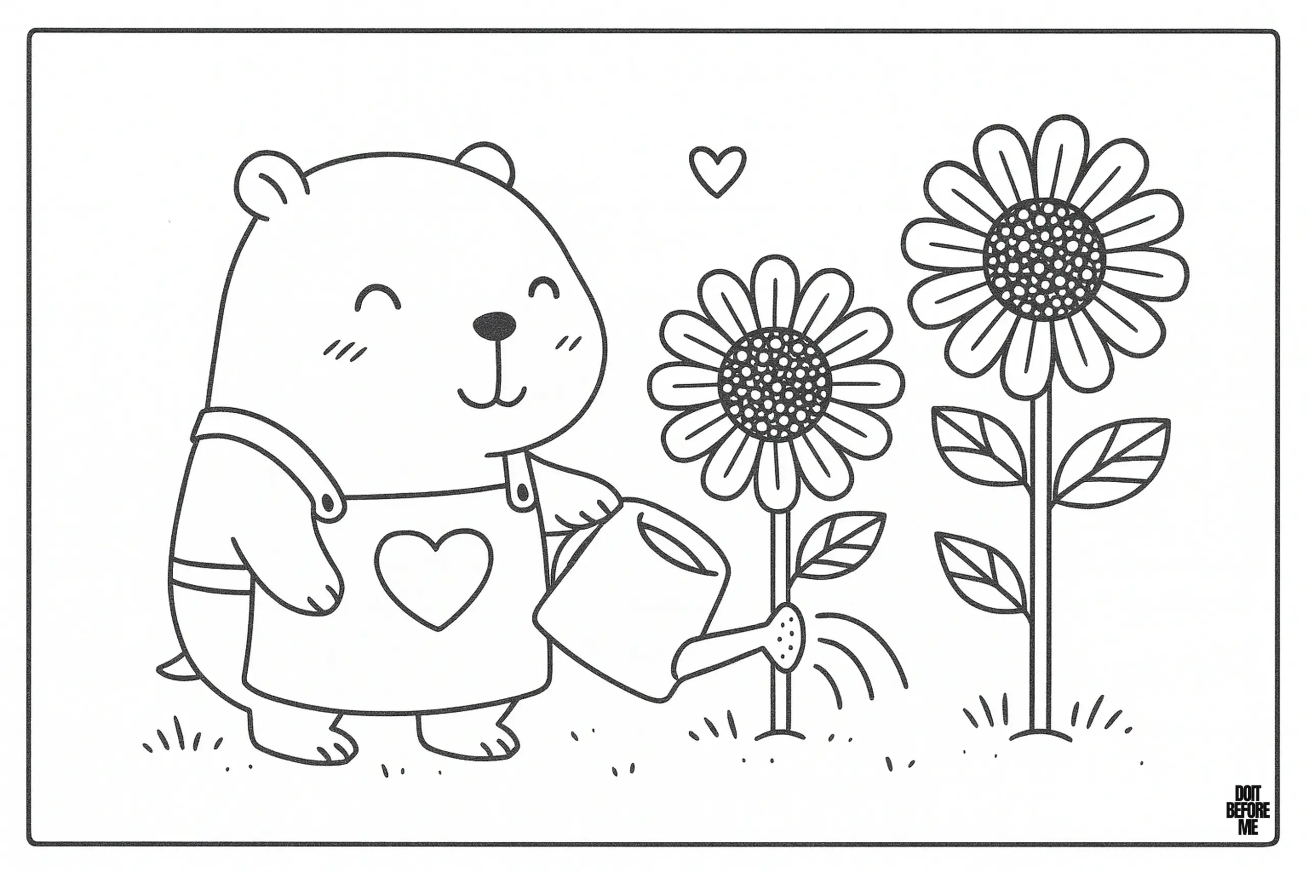Capybara in overalls with a heart on the chest gently watering tall blooming sunflowers on a sunny day.