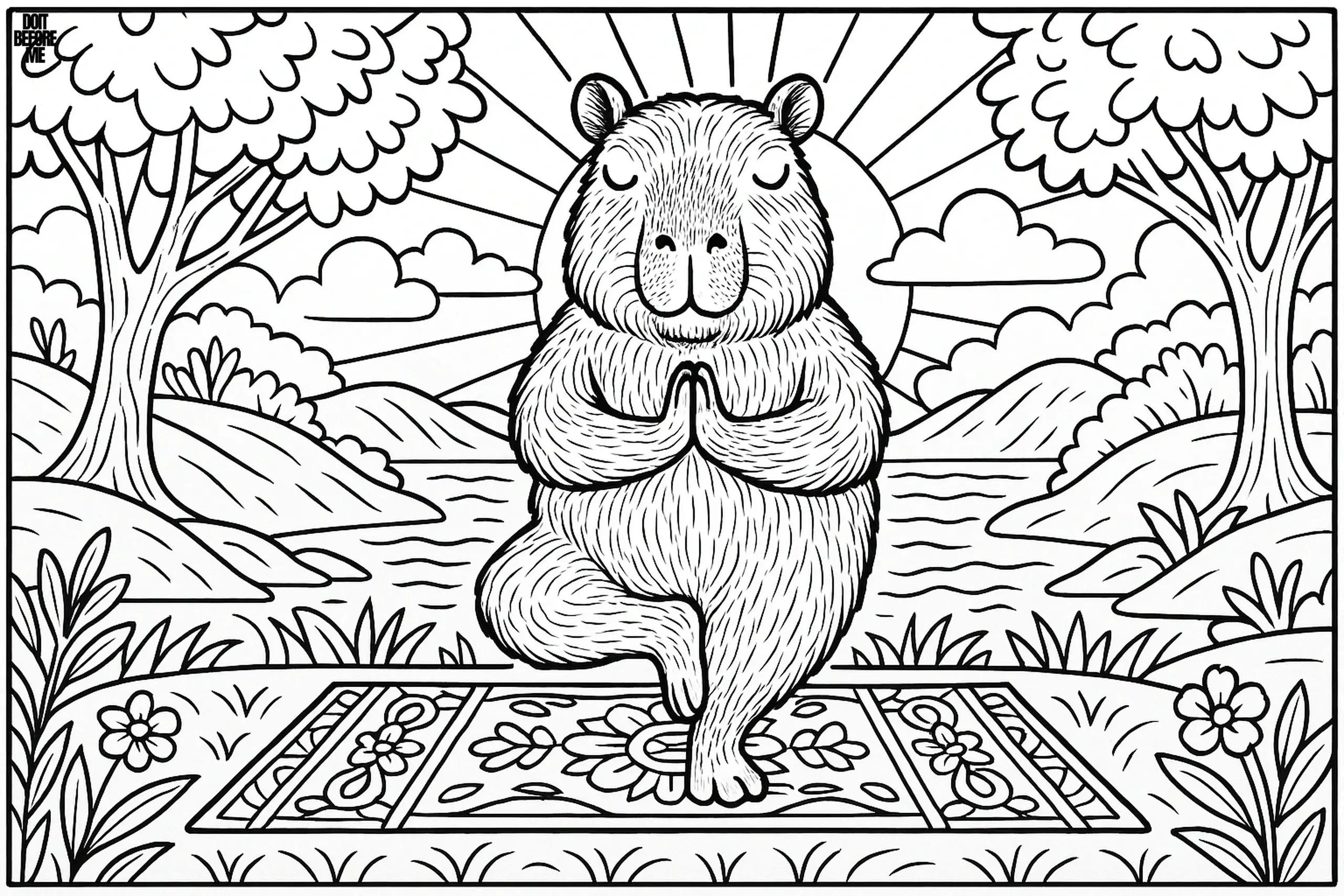 Capybara balancing in tree pose on a patterned yoga mat outdoors, with the sun rising between trees and clouds in the background.