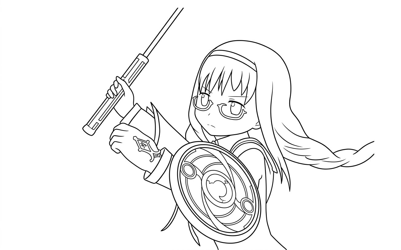 Black-and-white line drawing of Homura with glasses, long hair, a round shield and a raised weapon.