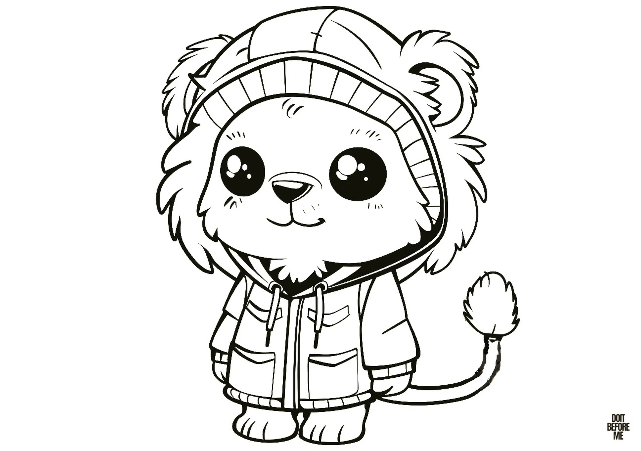Printable coloring page for children featuring a cute lion cub standing upright in clothing, portraying a lion character in a human-like pose.