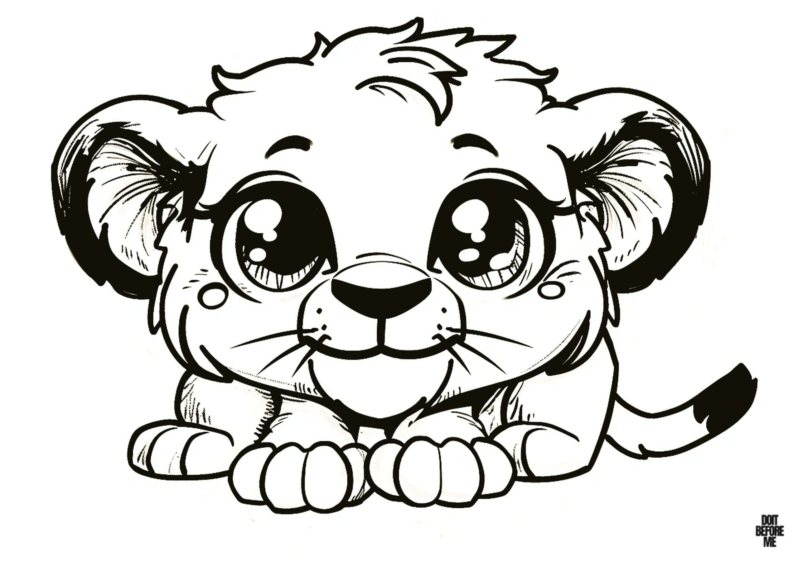 Printable coloring page for toddlers featuring a baby lion cub with big kawaii eyes and a cute lion face.