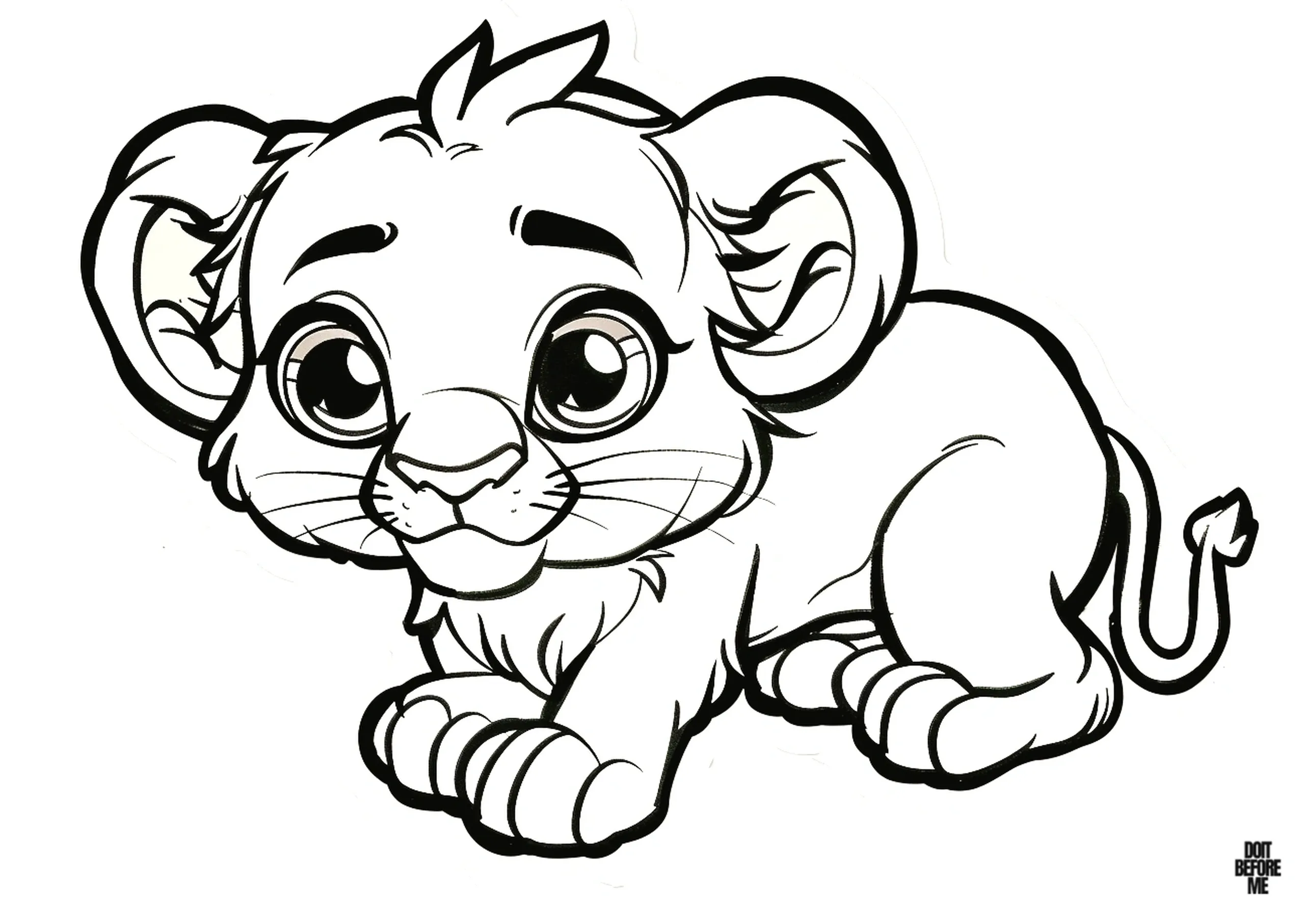 Printable coloring page featuring a baby lion cub. Due to its easy design, it is suitable for preschoolers.