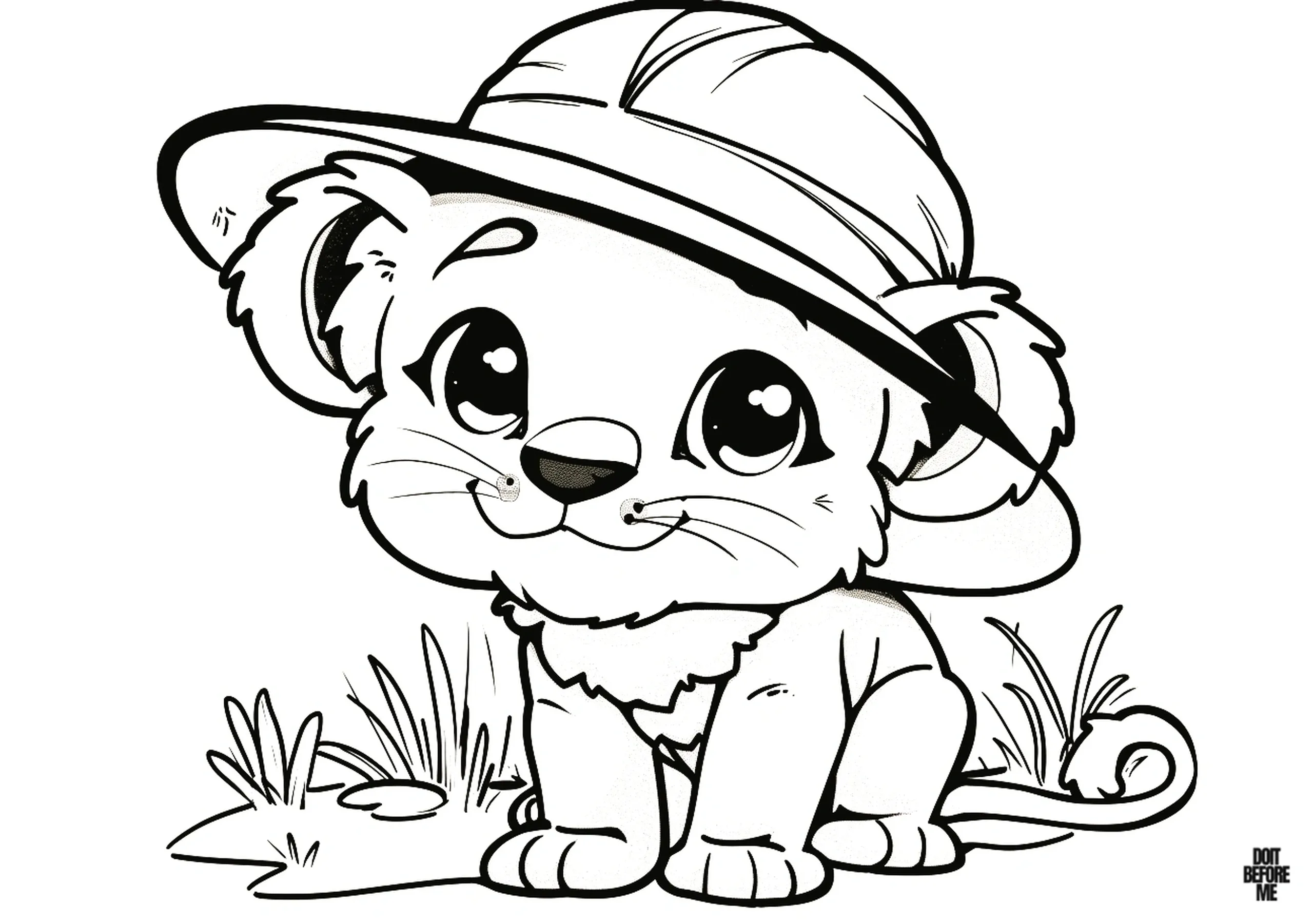Printable coloring page featuring a big-headed, cute baby lion cub with a tiny hat, suitable for kids to color due to its simple and easy-to-color kawaii design.
