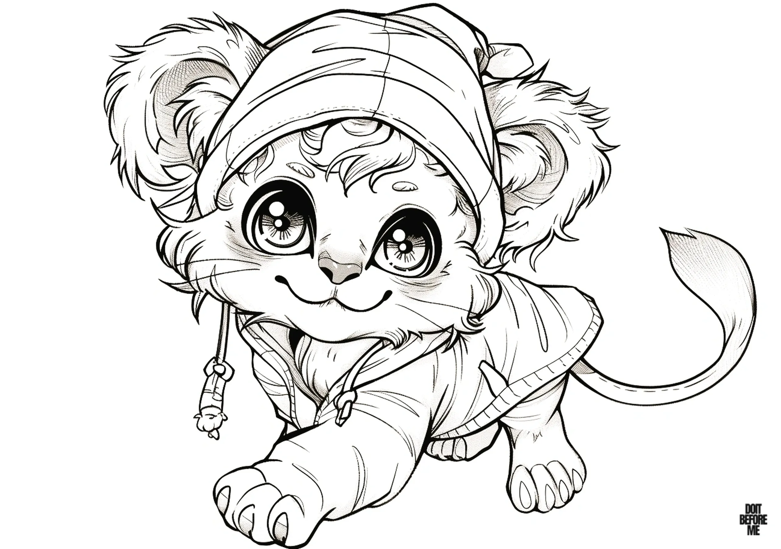 A detailed printable coloring page featuring a cute baby lion cub in a sporty outfit with kawaii-style eyes, suitable for adults.