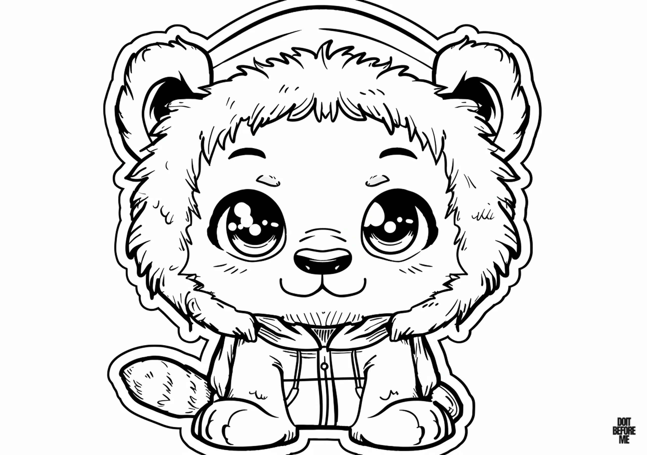 Free printable cute lion cub colouring page featuring large, adorable kawaii eyes and dressed in a cozy hoodie for the winter season.