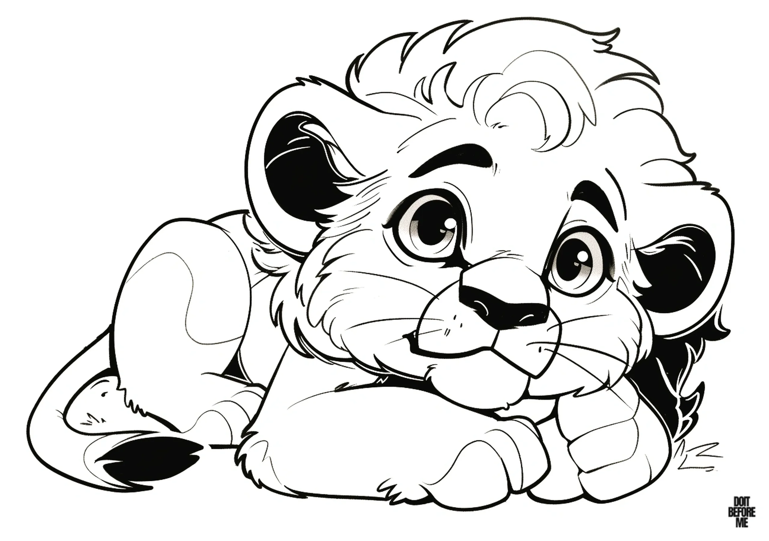 Printable coloring page featuring a lion cub lying on the ground looking slightly sad and tired.