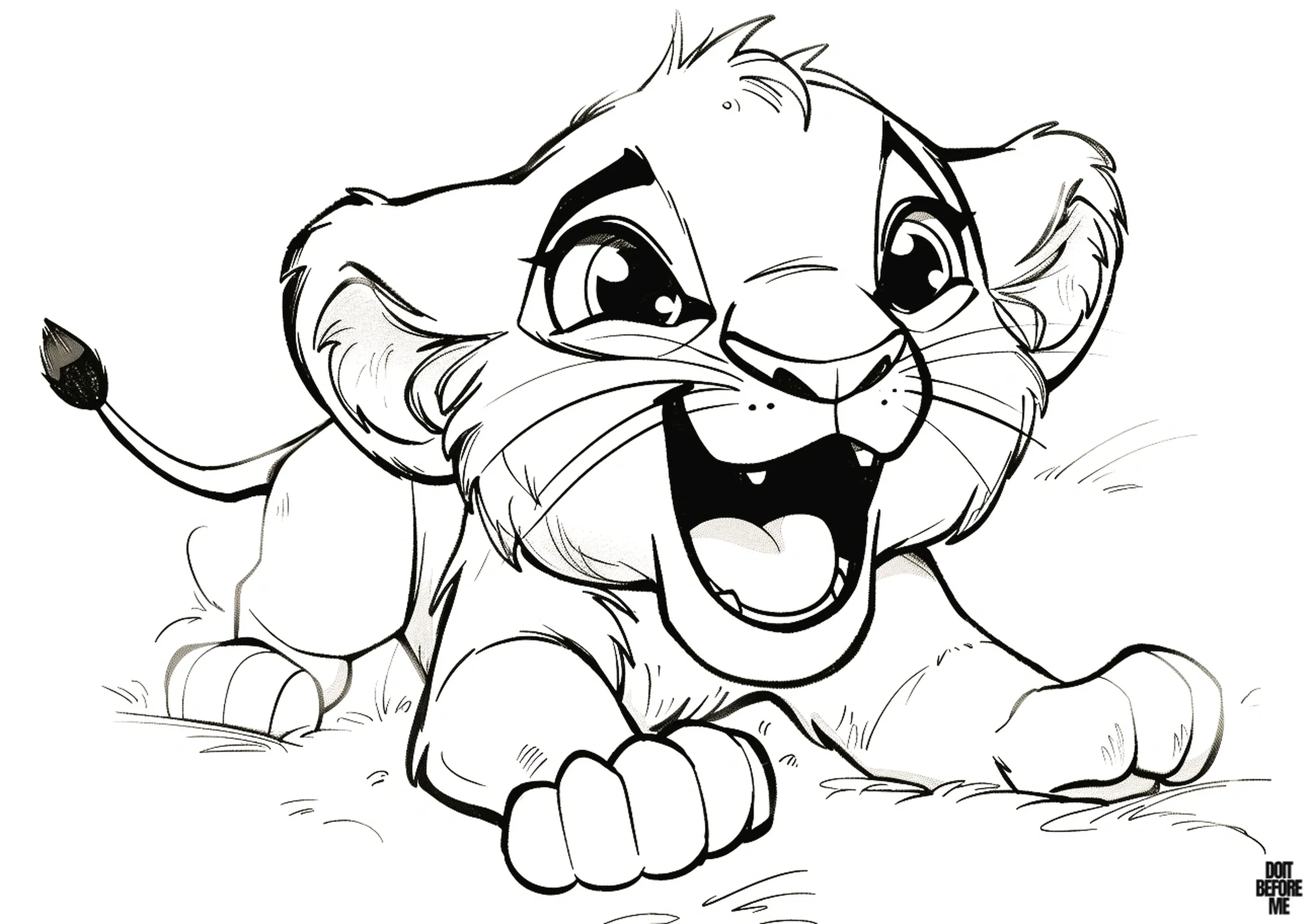 Printable coloring page featuring a playful lioness cub poised for a pounce is ideal for kids' coloring due to its cute and lively behavior.