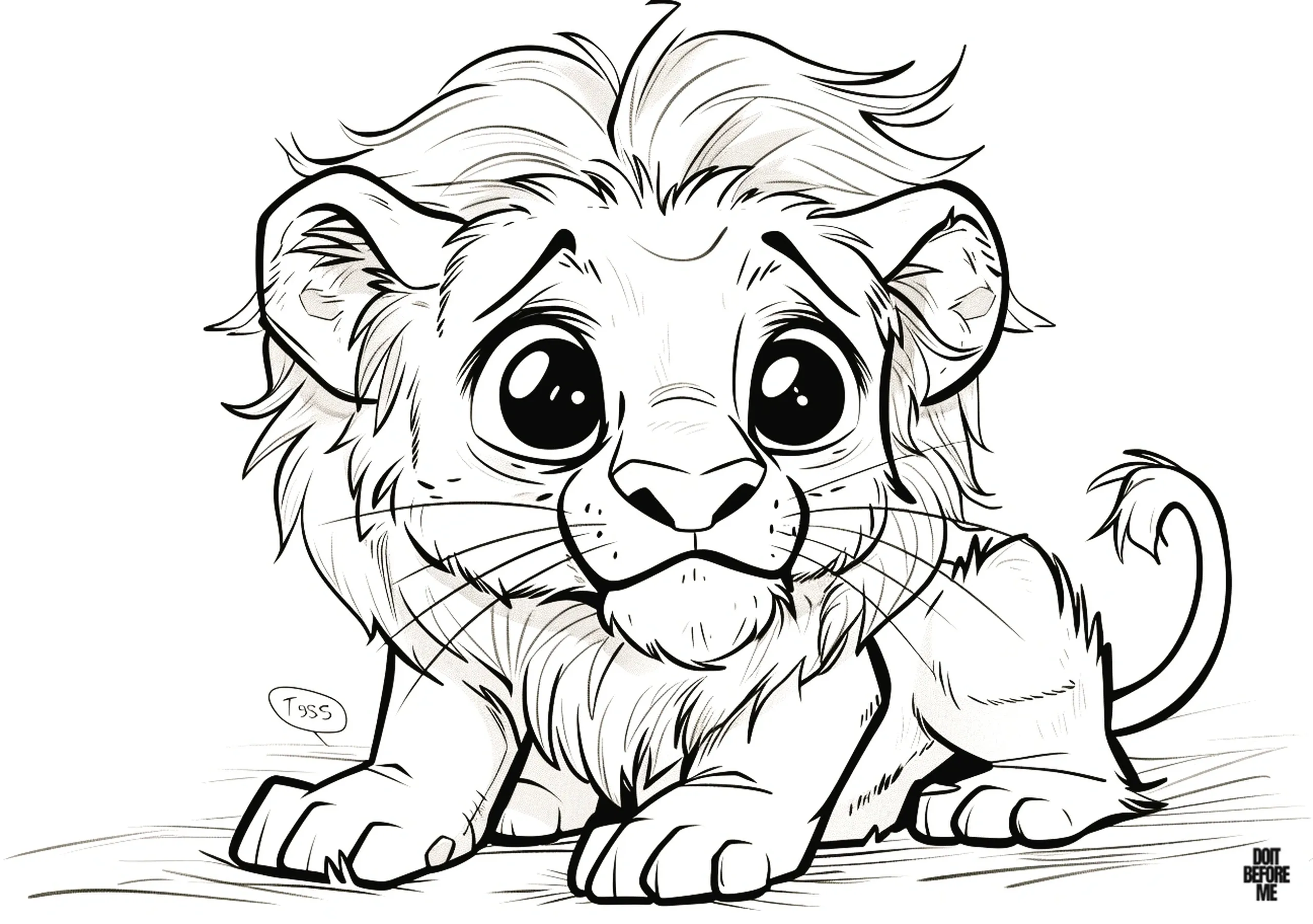 Printable coloring page of a young male lion cub with a pensive expression, characterized by downturned eyebrows and a wistful gaze. Designed for both kids and adults, offering an easy yet cute coloring.