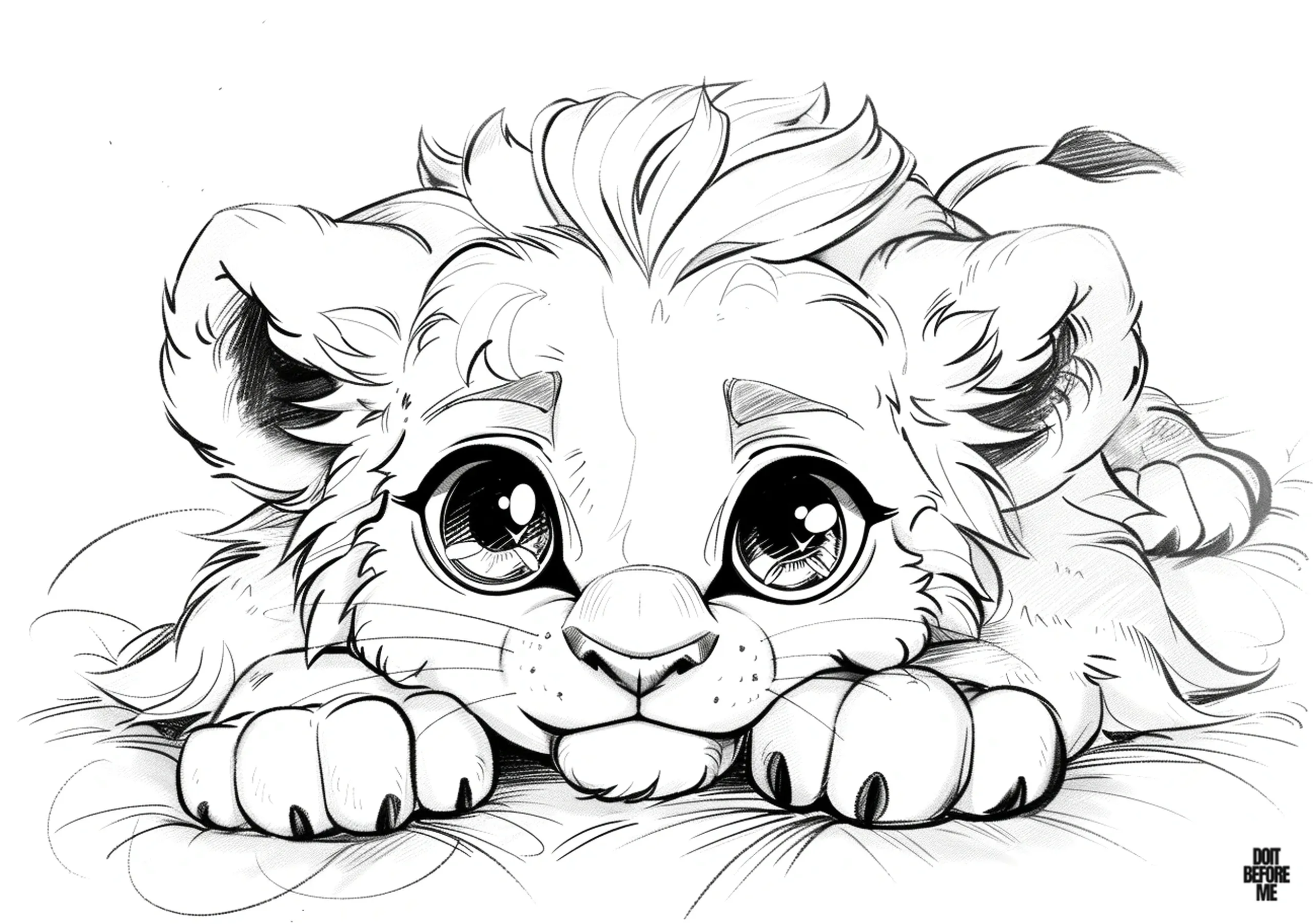 Printable coloring page featuring a cute baby lion cub with big eyes and an innocent expression, lying on the ground, and displaying its face and tiny paws. Since it is a cute and slightly detailed design, it is suitable for both adults and kids to color.