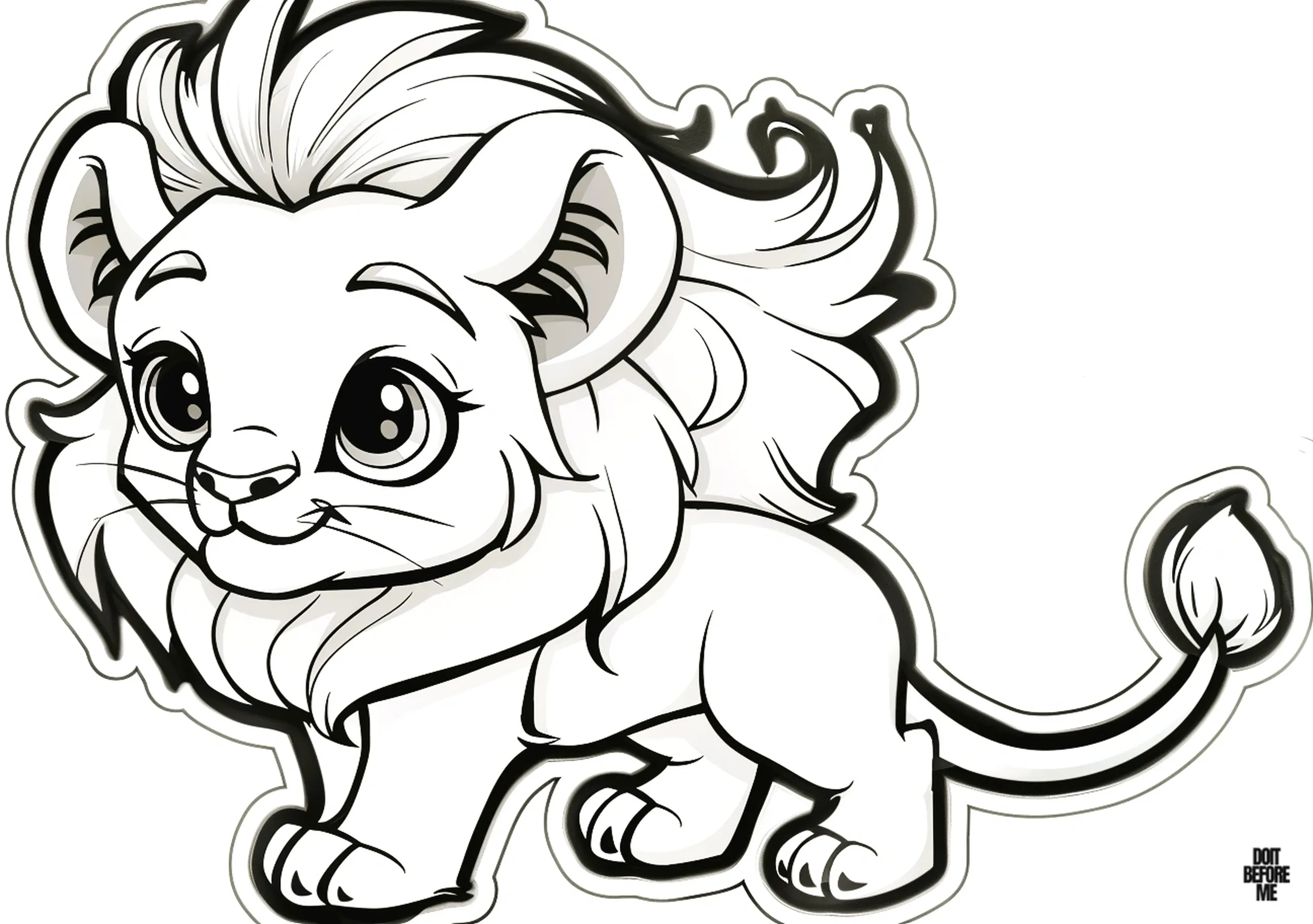 Coloring page of a baby male lion with huge, long manes waving in the wind. The whole body of the baby lion is visible in cartoon style.