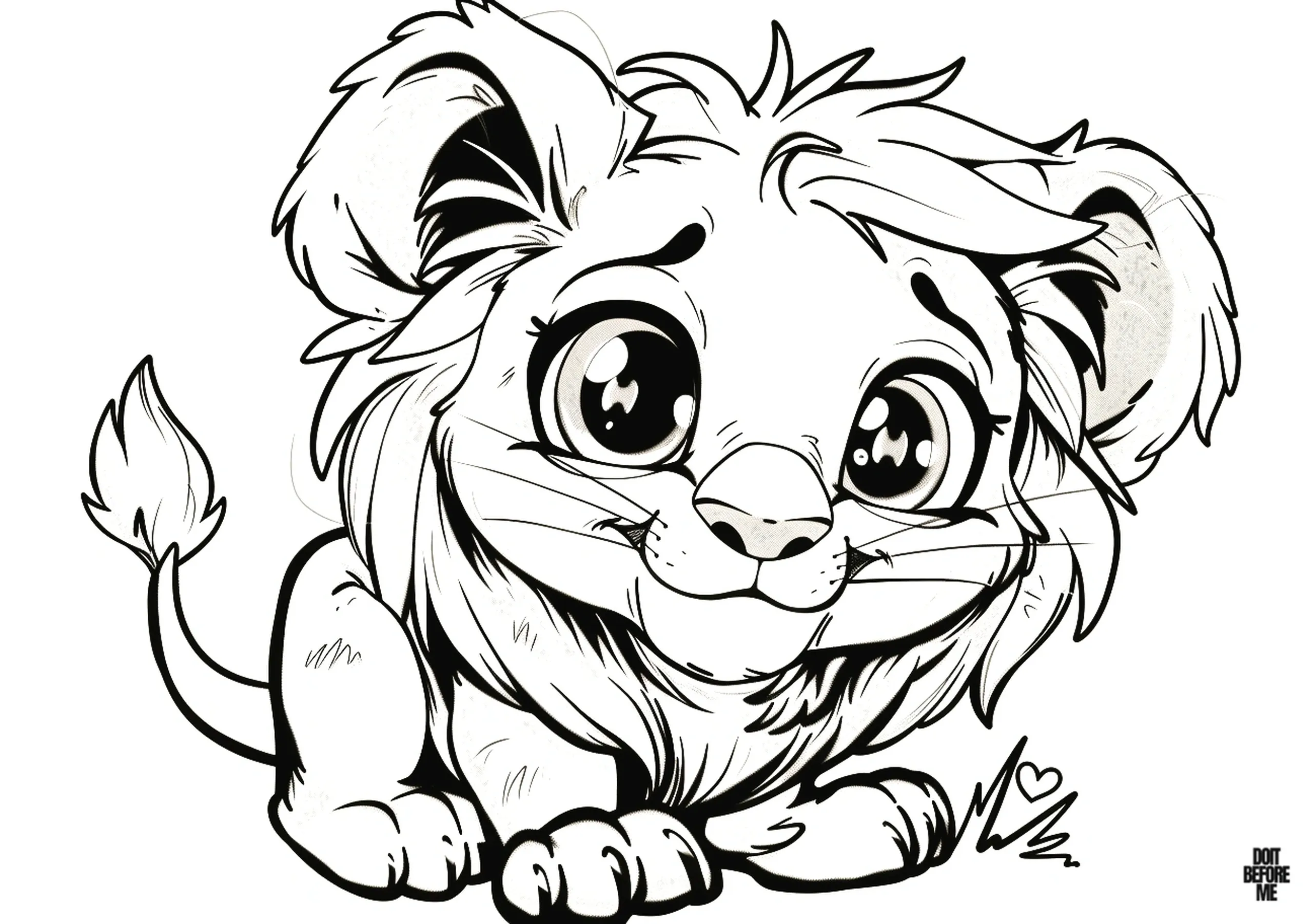 Tiny baby lion cub coloring picture, with its extremely cute facial expression, features a relatively detailed design, making it suitable for coloring by both adults and kids.
