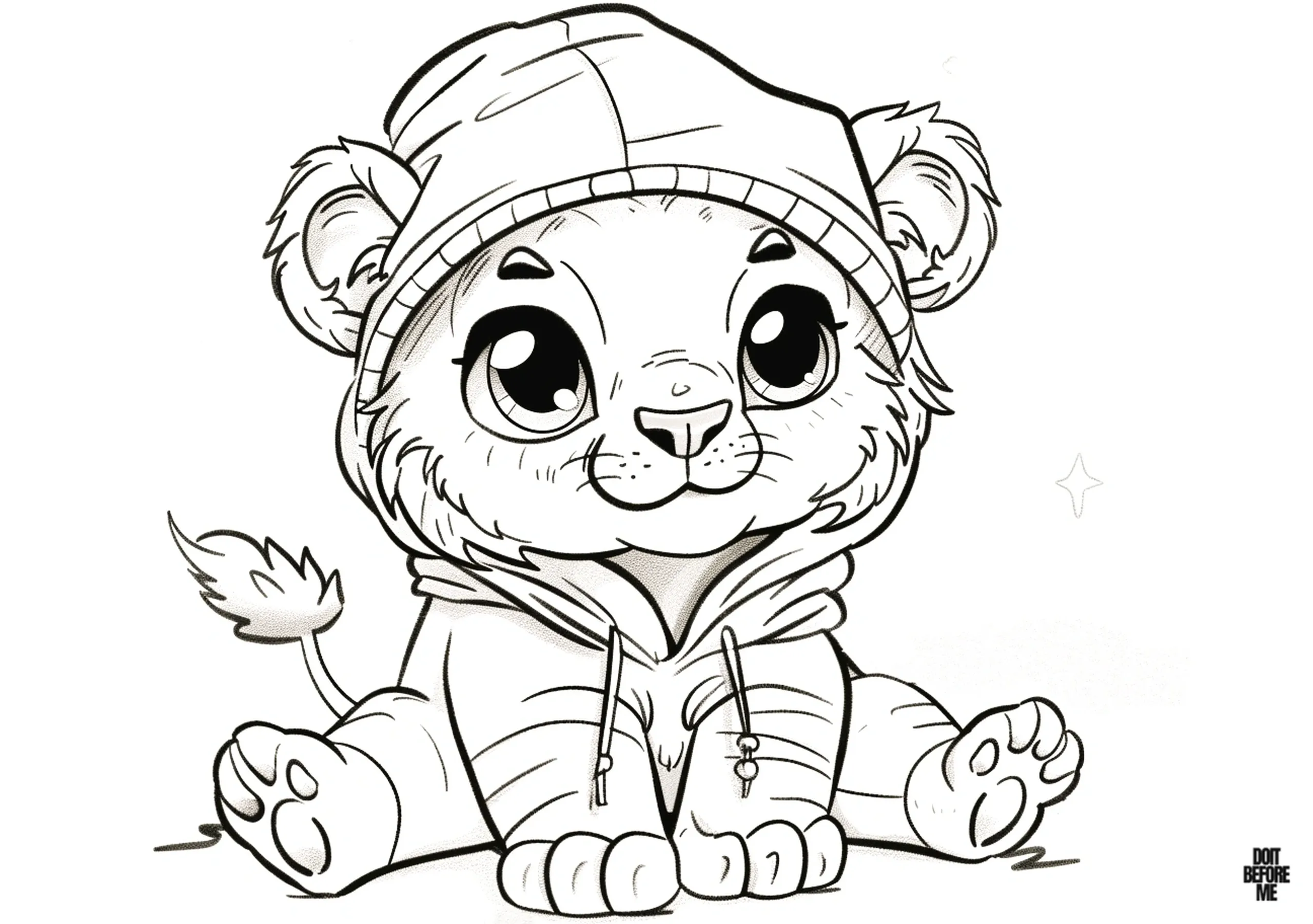 Printable coloring page featuring a cute baby lion sitting and wearing a hoodie is suitable for kids to color due to its easy design.
