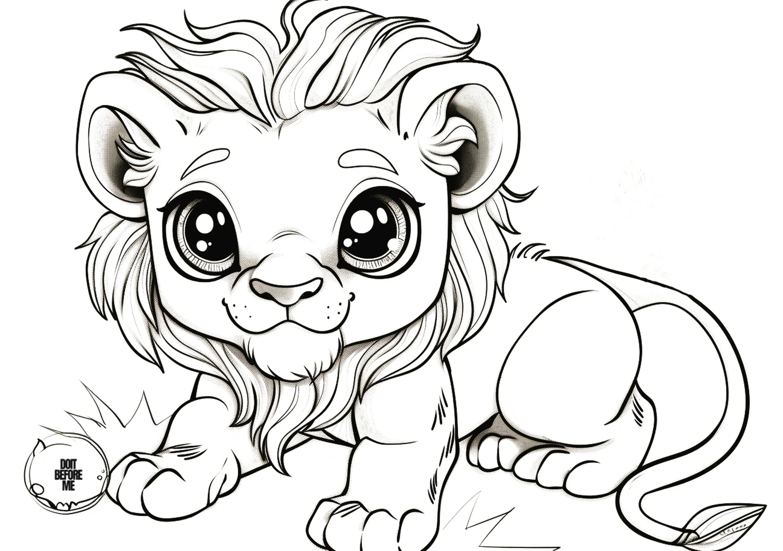 Easy coloring page of a cute male baby lion cub with big eyes, designed for children to color easily.